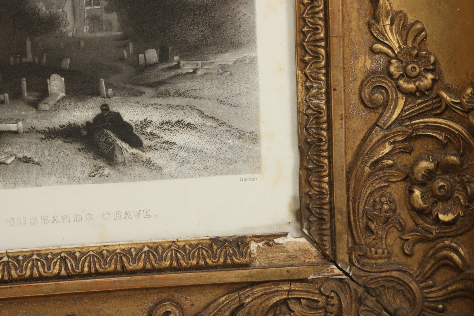 Lot 013 - Antique Engraving “The Husband's Grave” By John Sartain After Thomas Creswick, Circa 1855, In Worn Gilded Gesso Frame