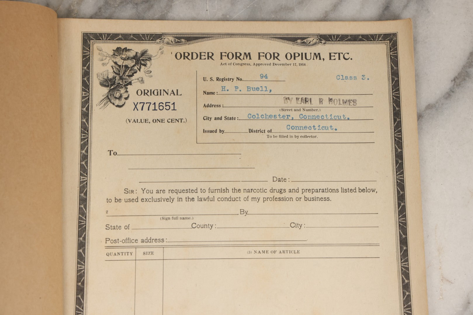 Lot 018 - Antique U.S. Internal Revenue “Order Forms For Opium, Etc.” Booklet, Unused Originals And Duplicates, Colchester, Connecticut, Early 20th Century