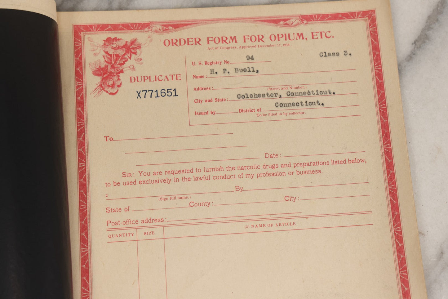 Lot 018 - Antique U.S. Internal Revenue “Order Forms For Opium, Etc.” Booklet, Unused Originals And Duplicates, Colchester, Connecticut, Early 20th Century