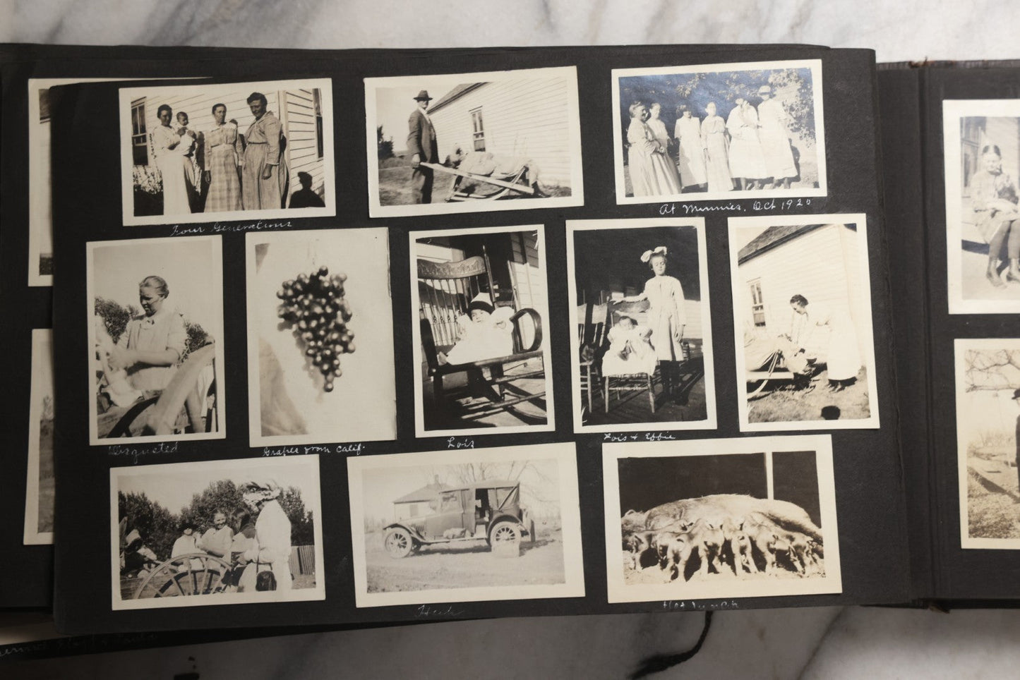 Lot 025 - Antique Snapshot Photo Album Gifted To Zella On Christmas 1916 With 1750+ Photos Of Midwest And Western Scenes Including Telluride & Greeley Colorado, Farm Life, Animals, Automobiles, Oil Wells, Early Aviation, And WWI Soldiers, 1916–1920