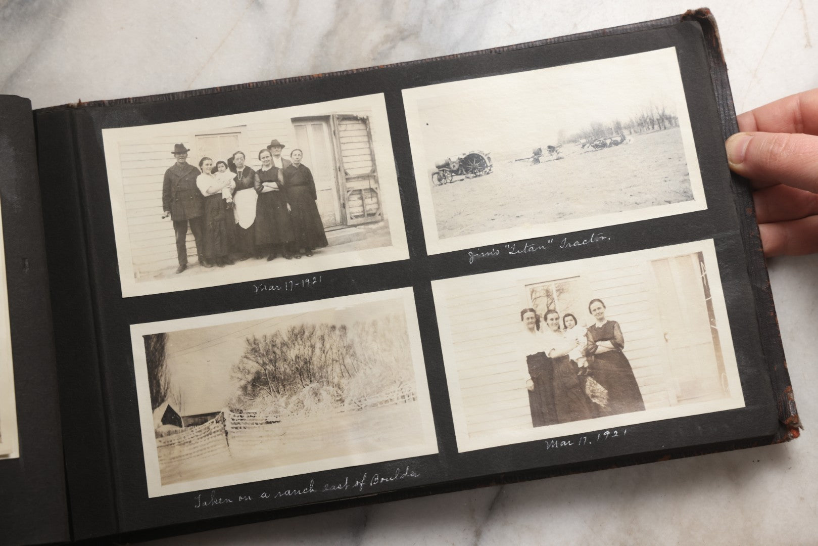 Lot 025 - Antique Snapshot Photo Album Gifted To Zella On Christmas 1916 With 1750+ Photos Of Midwest And Western Scenes Including Telluride & Greeley Colorado, Farm Life, Animals, Automobiles, Oil Wells, Early Aviation, And WWI Soldiers, 1916–1920