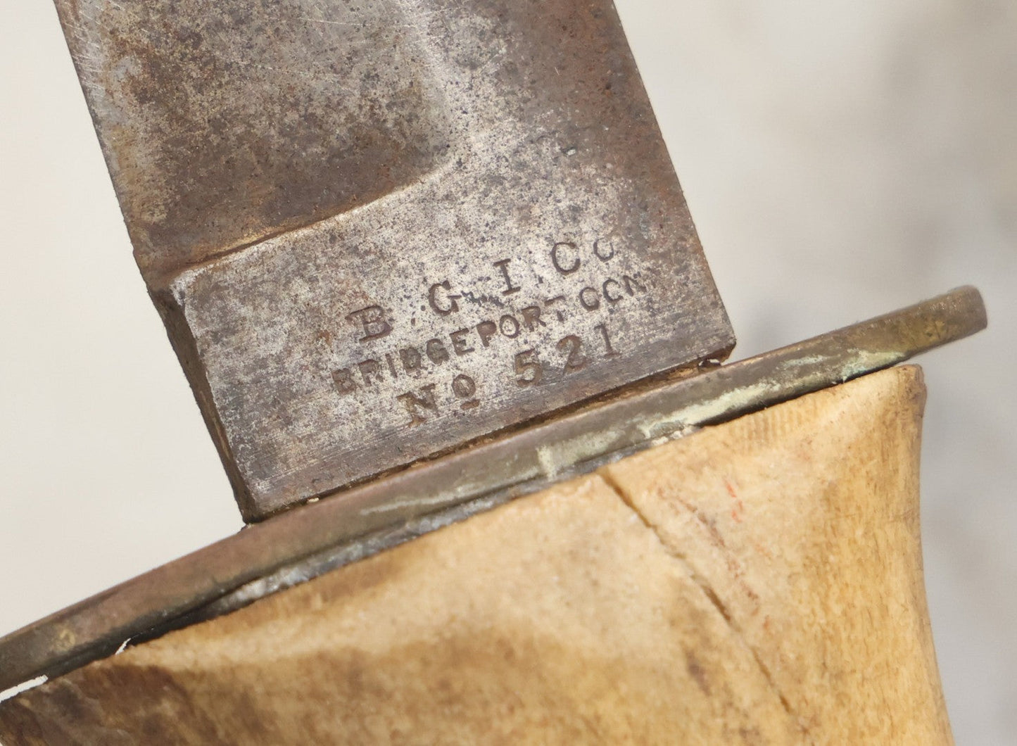 Lot 030 - Antique No. 521 8–12" Bowie Hunting Knife With Stag Antler Handle Carved “Mar Karian,” By Bridgeport Gun And Implement Company (B.G.I. Co.), Bridgeport, Connecticut, With Custom Leather Sheath