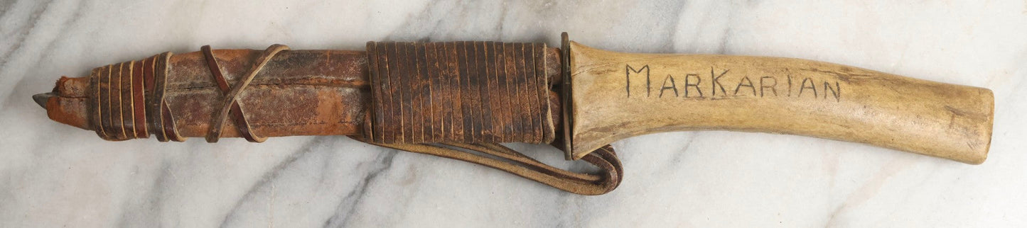 Lot 030 - Antique No. 521 8–12" Bowie Hunting Knife With Stag Antler Handle Carved “Mar Karian,” By Bridgeport Gun And Implement Company (B.G.I. Co.), Bridgeport, Connecticut, With Custom Leather Sheath