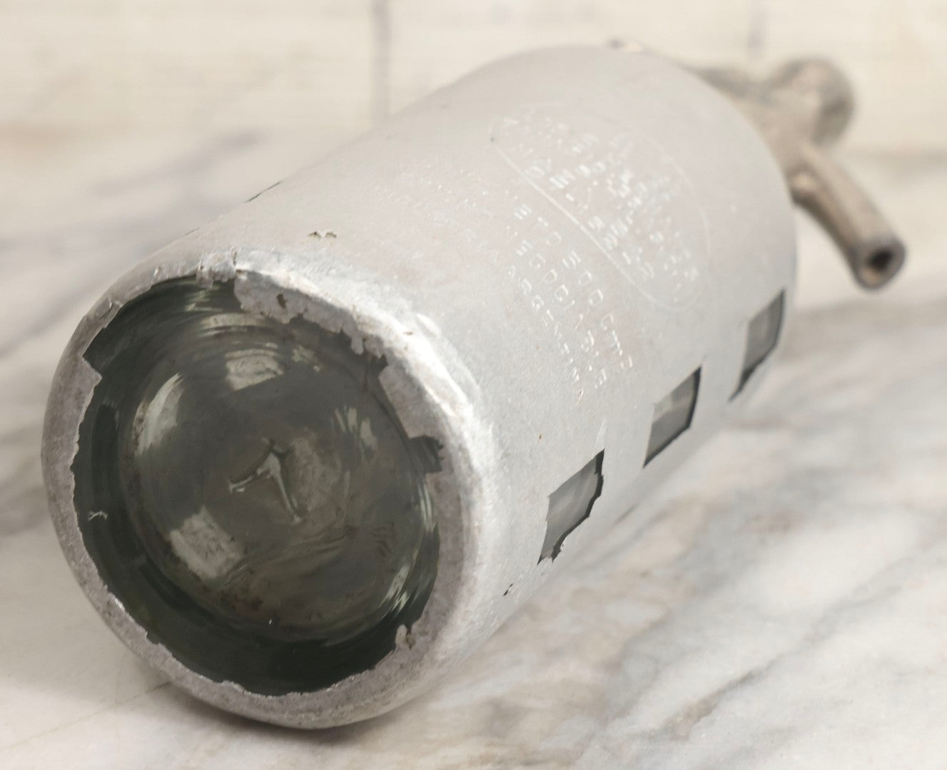 Lot 035 - Vintage Glass Soda Bottle With Aluminum Wrap For Los 6 Hermanos Soda, Tomas Iglesias, With Juan Rutar Spout