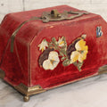 Lot 044 - Antique Rigid Red Velvet Ladies' Purse With Fold-Down Sides, Interior Mirror, Tufted Cushion, And Upholstered Interior, 5-1/4" H