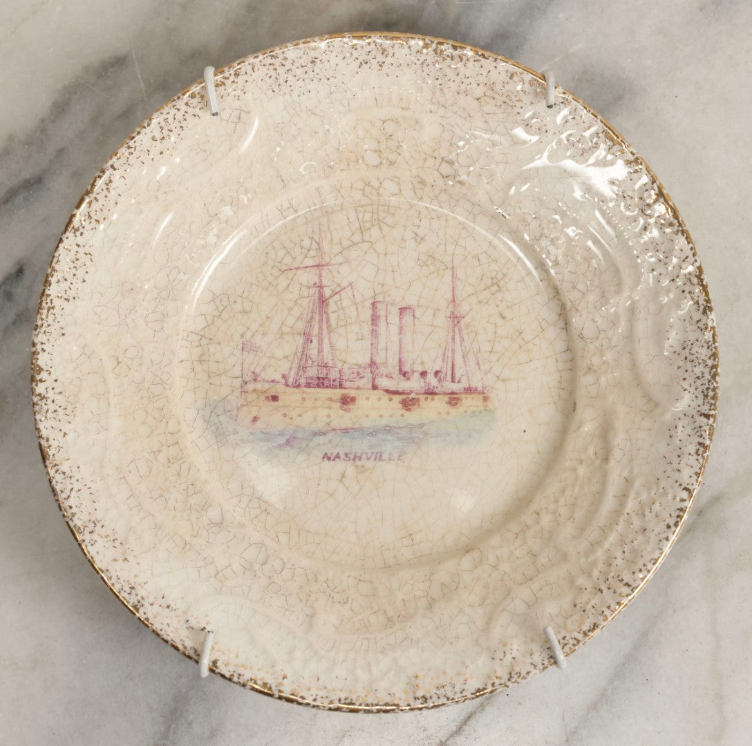 Lot 052 - Antique Transferware Commemorative Plate Of Uss Nashville (PG-7) Marked “The Sebring Porcelain” With Modern Plate Hanger