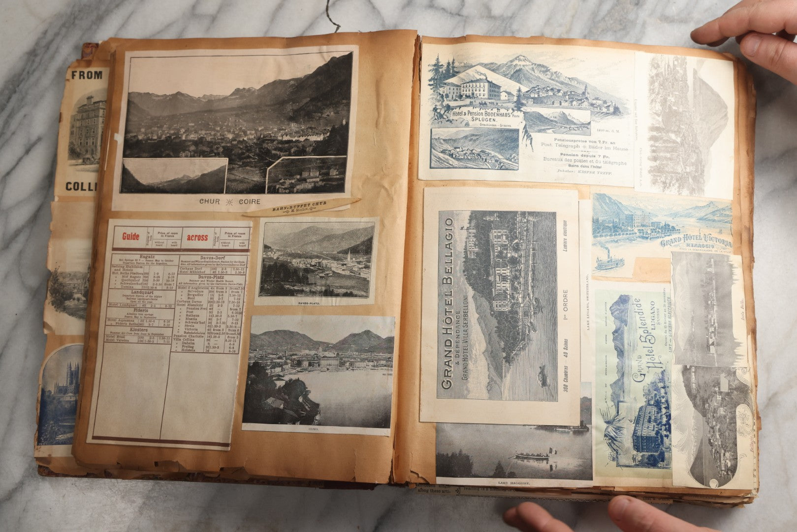 Lot 081 - Antique Marbled Paper Scrapbook Album With Board And Fabric Binding, England, Holland, France, European Travel Ephemera, Two Spreads Homemade Herbarium, Circa 1899