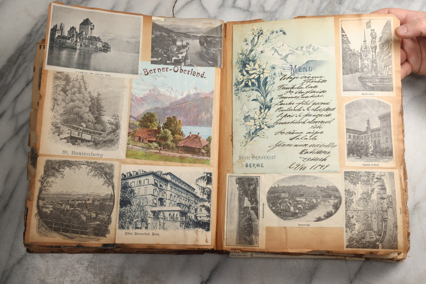 Lot 081 - Antique Marbled Paper Scrapbook Album With Board And Fabric Binding, England, Holland, France, European Travel Ephemera, Two Spreads Homemade Herbarium, Circa 1899