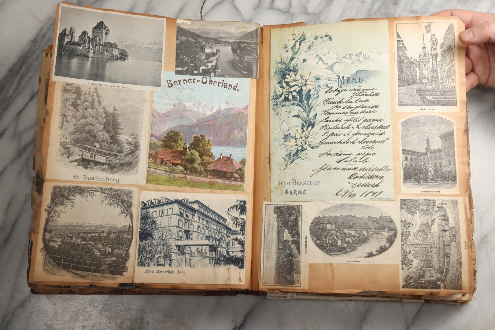 Lot 081 - Antique Marbled Paper Scrapbook Album With Board And Fabric Binding, England, Holland, France, European Travel Ephemera, Two Spreads Homemade Herbarium, Circa 1899