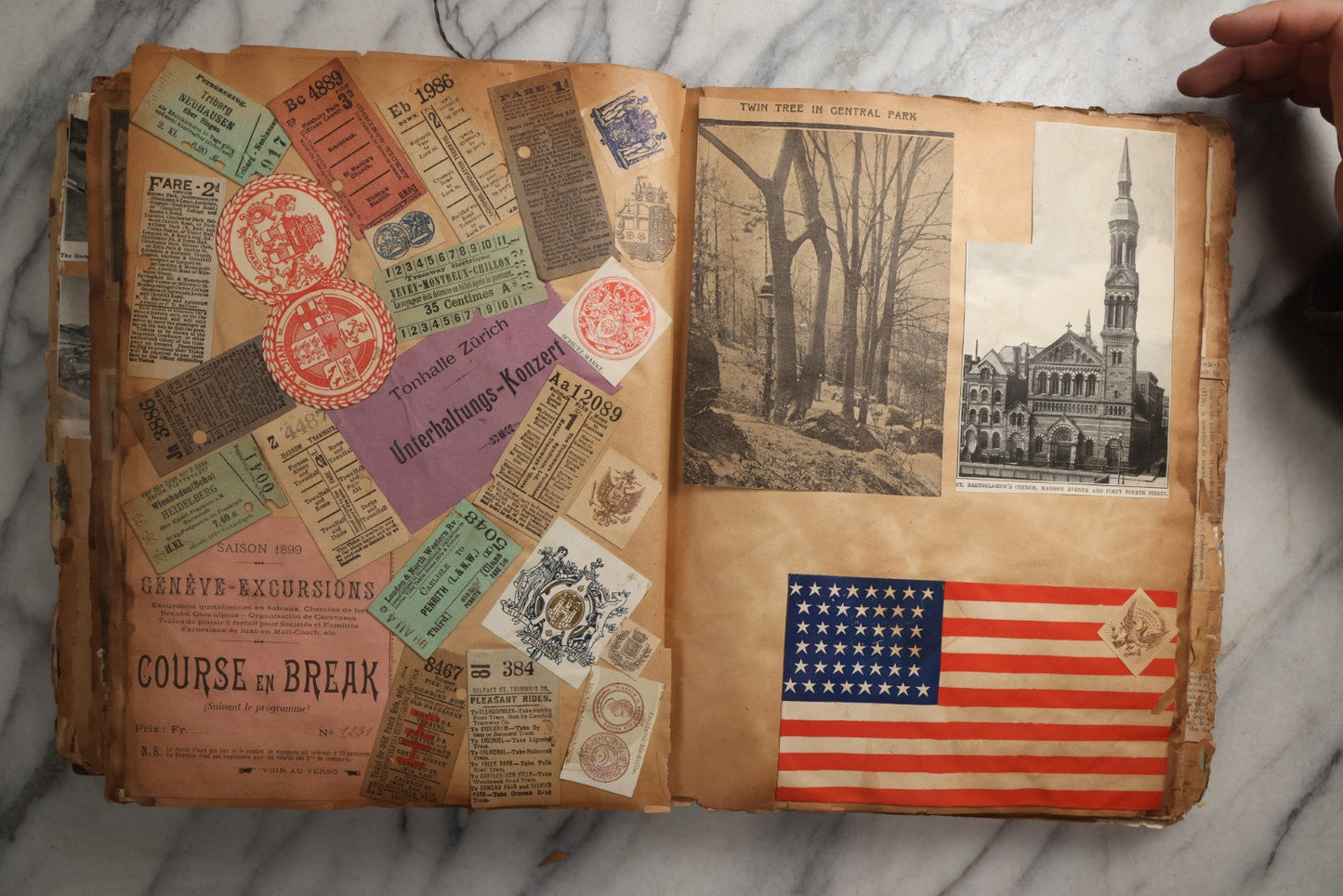 Lot 081 - Antique Marbled Paper Scrapbook Album With Board And Fabric Binding, England, Holland, France, European Travel Ephemera, Two Spreads Homemade Herbarium, Circa 1899
