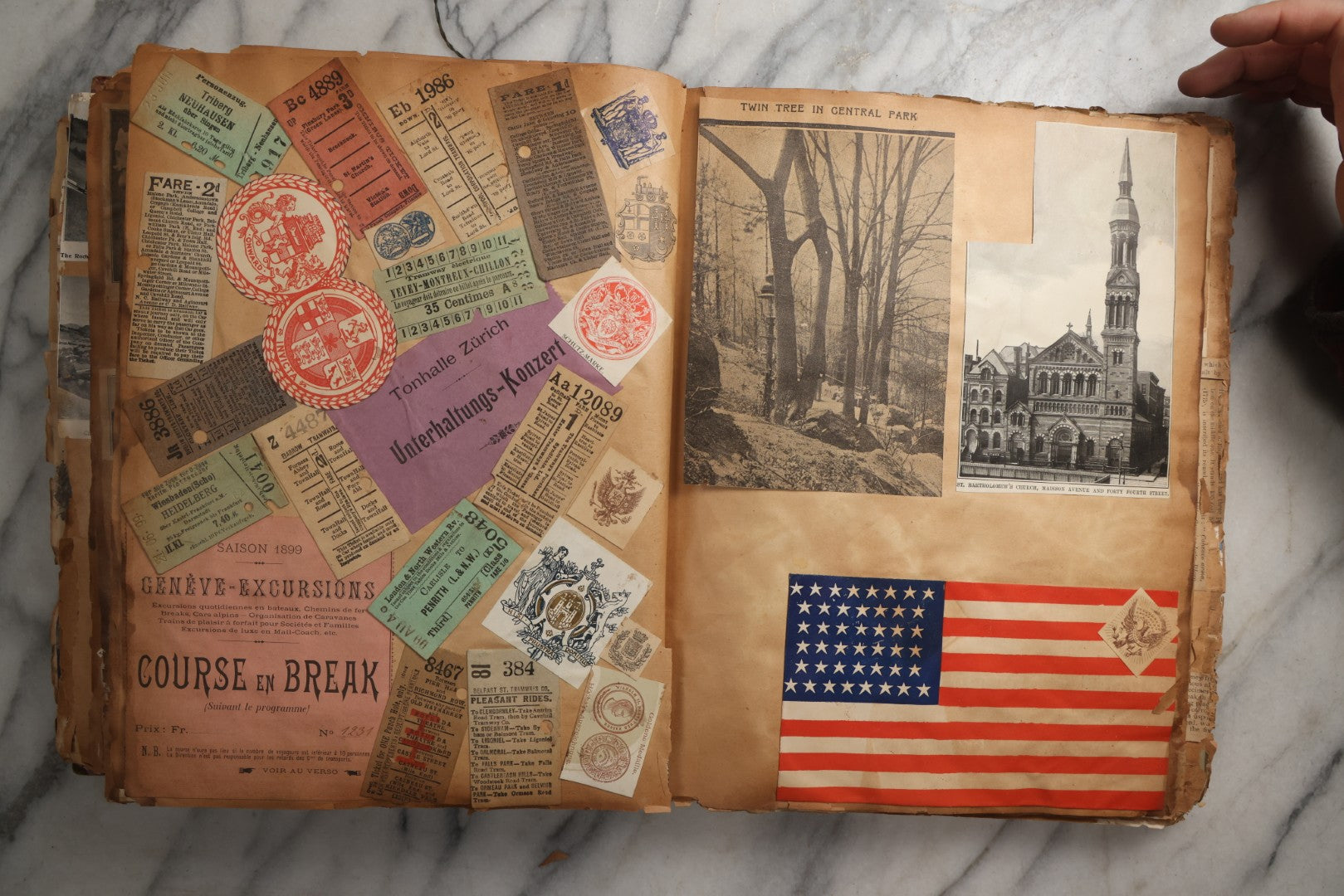 Lot 081 - Antique Marbled Paper Scrapbook Album With Board And Fabric Binding, England, Holland, France, European Travel Ephemera, Two Spreads Homemade Herbarium, Circa 1899