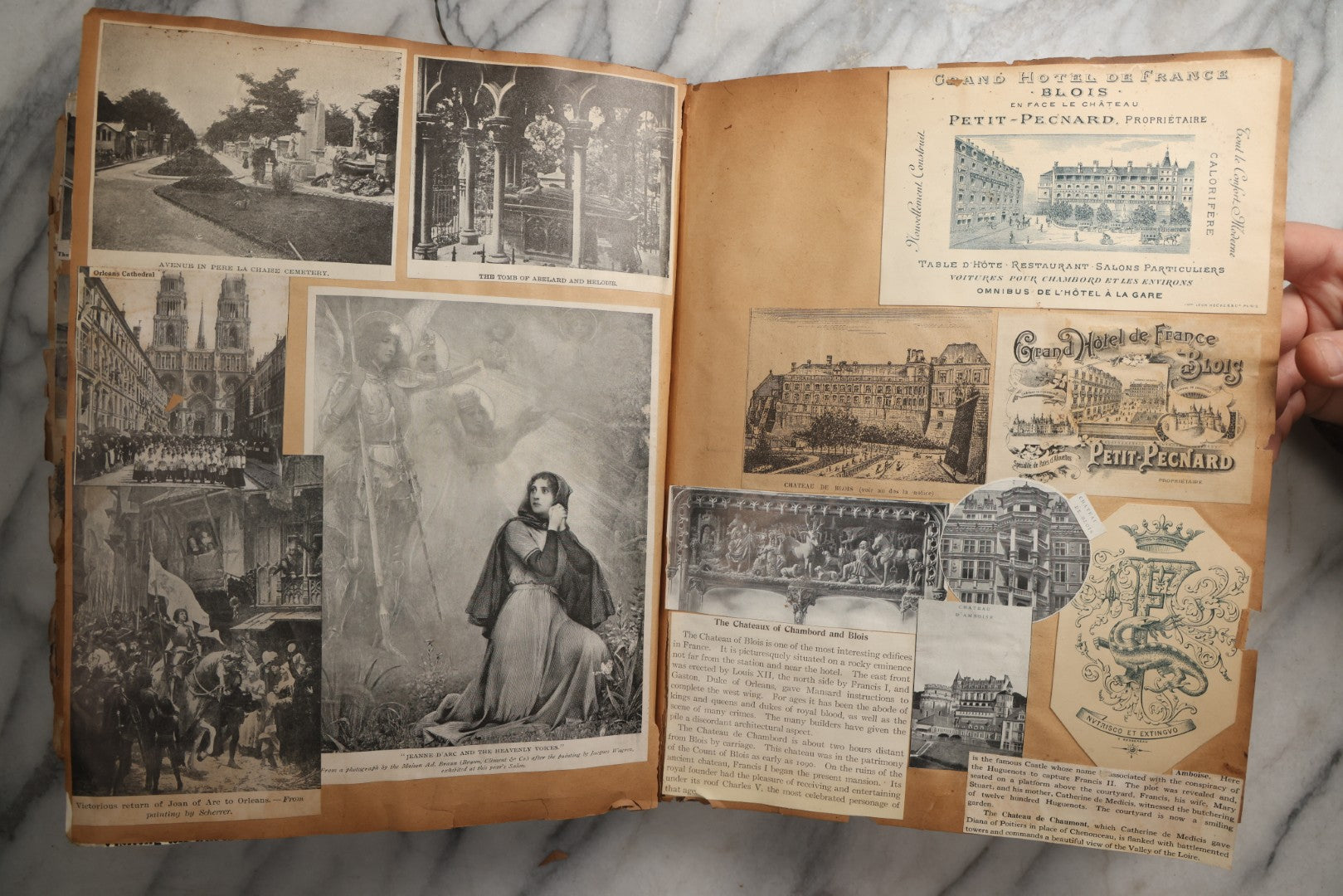 Lot 081 - Antique Marbled Paper Scrapbook Album With Board And Fabric Binding, England, Holland, France, European Travel Ephemera, Two Spreads Homemade Herbarium, Circa 1899