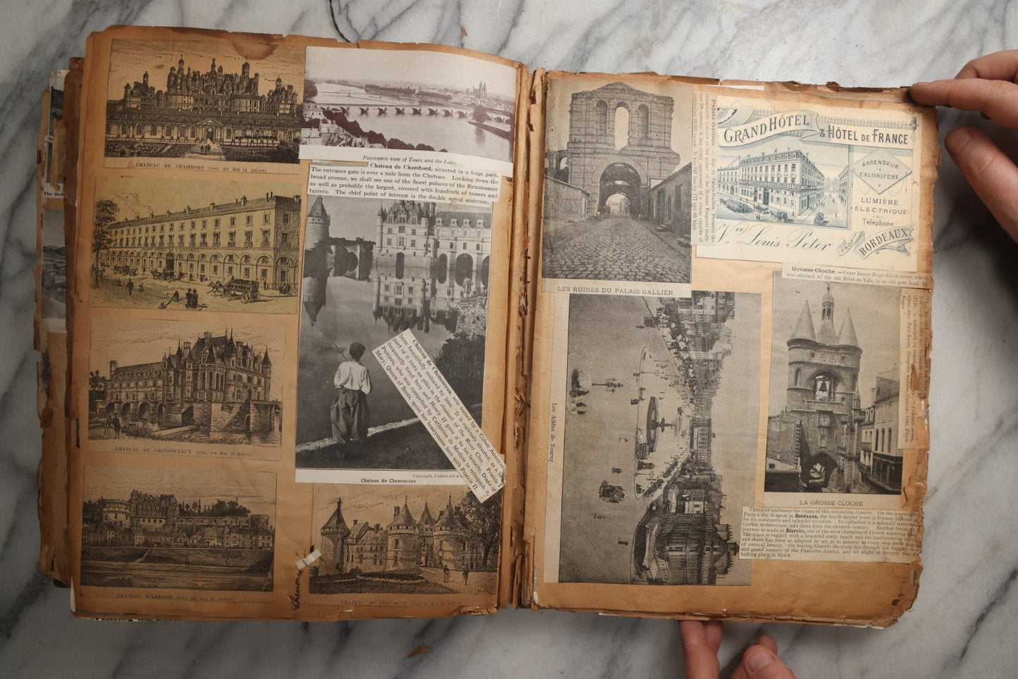 Lot 081 - Antique Marbled Paper Scrapbook Album With Board And Fabric Binding, England, Holland, France, European Travel Ephemera, Two Spreads Homemade Herbarium, Circa 1899