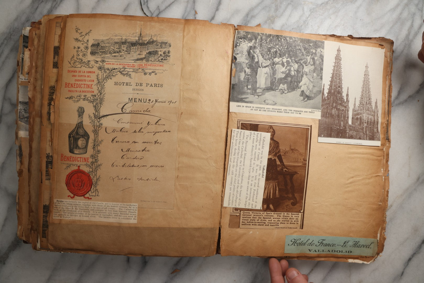 Lot 081 - Antique Marbled Paper Scrapbook Album With Board And Fabric Binding, England, Holland, France, European Travel Ephemera, Two Spreads Homemade Herbarium, Circa 1899