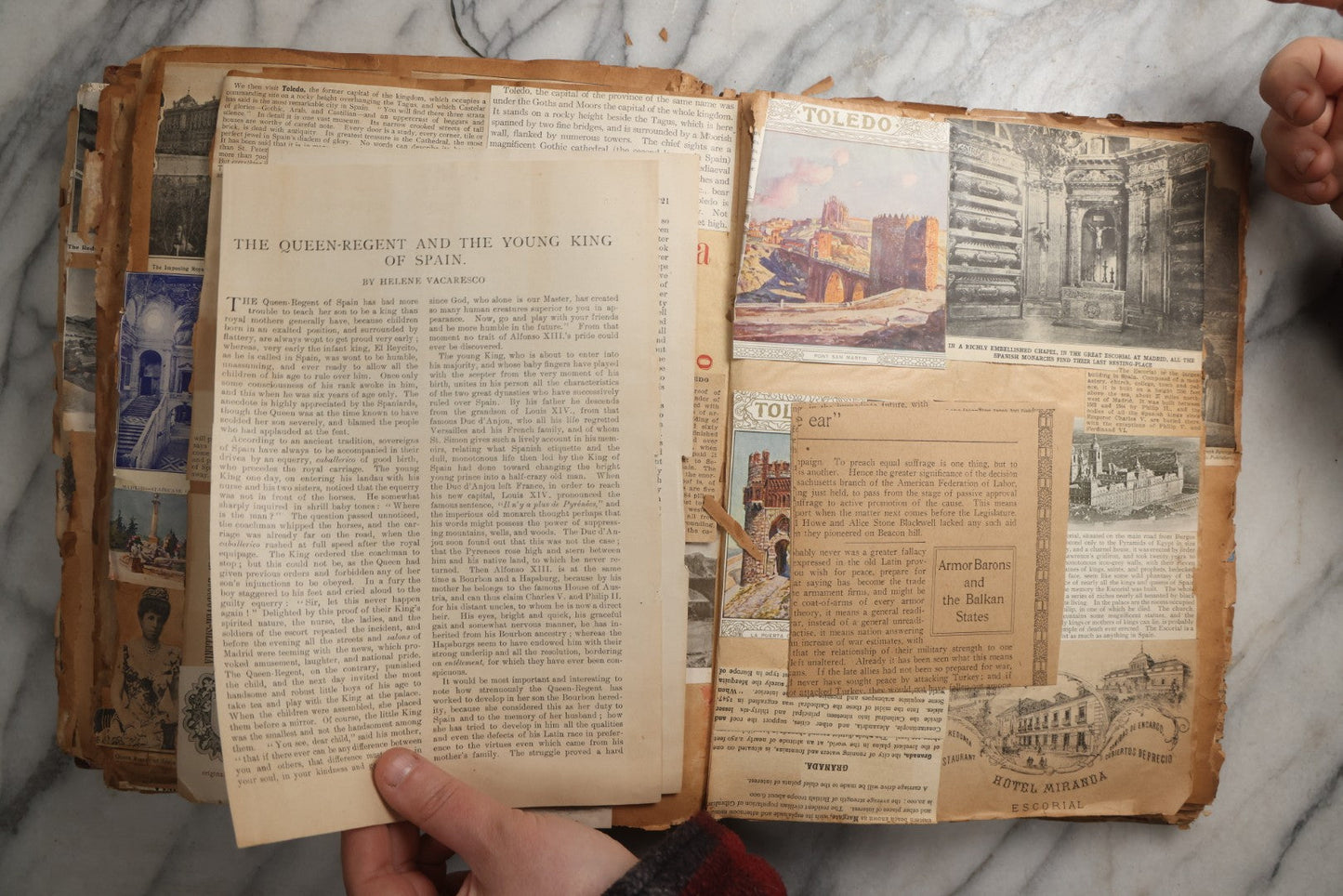 Lot 081 - Antique Marbled Paper Scrapbook Album With Board And Fabric Binding, England, Holland, France, European Travel Ephemera, Two Spreads Homemade Herbarium, Circa 1899