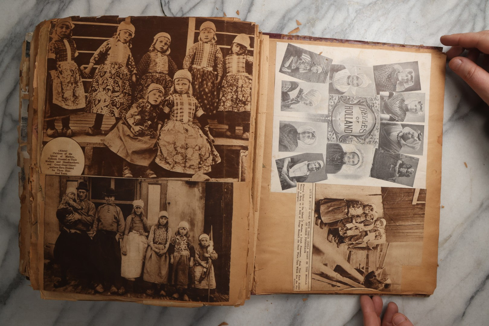 Lot 081 - Antique Marbled Paper Scrapbook Album With Board And Fabric Binding, England, Holland, France, European Travel Ephemera, Two Spreads Homemade Herbarium, Circa 1899
