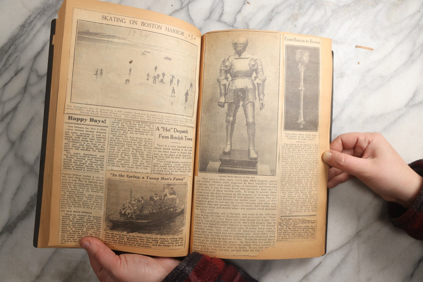 Lot 088 - Vintage Paperboard Scrapbook Album With Embossed Windmill Design, Politicians, Royalty, Popular Science, Events, And Lindbergh Family Newspaper Clippings, Circa 1930s