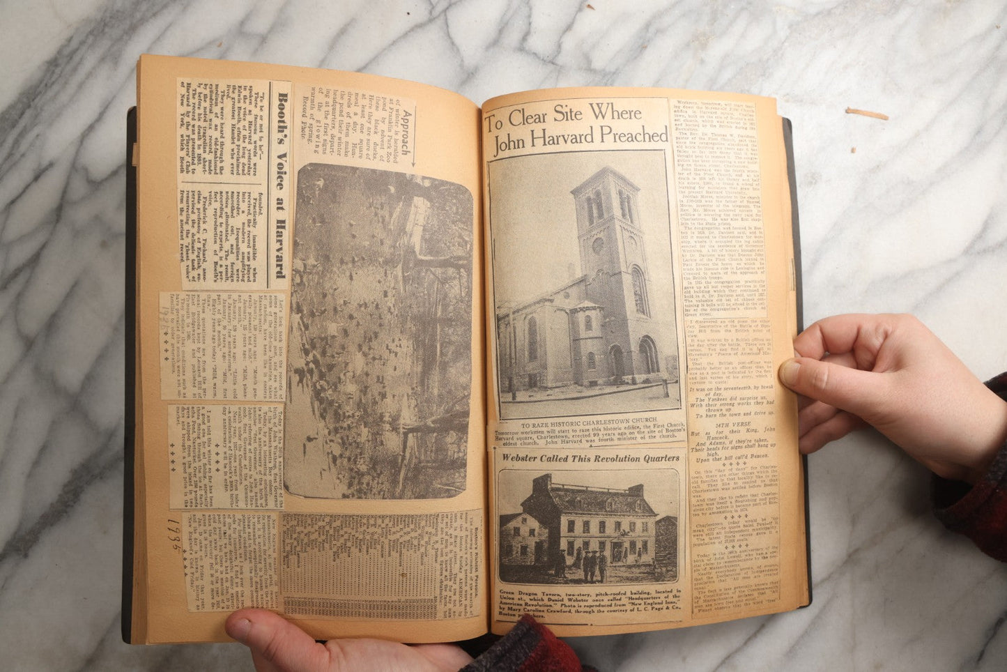Lot 088 - Vintage Paperboard Scrapbook Album With Embossed Windmill Design, Politicians, Royalty, Popular Science, Events, And Lindbergh Family Newspaper Clippings, Circa 1930s