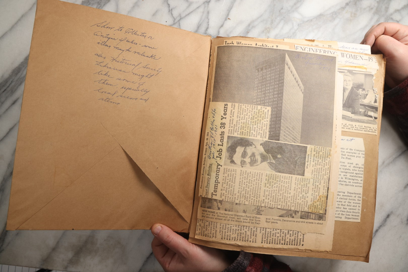 Lot 090 - Antique Brown Craft Paper Scrapbook Album With Boston, Providence, England, St. Petersburg, Bar Harbor, Mt. Vernon, Architecture, Obituaries, Politicians, And War Ephemera, Circa 1944