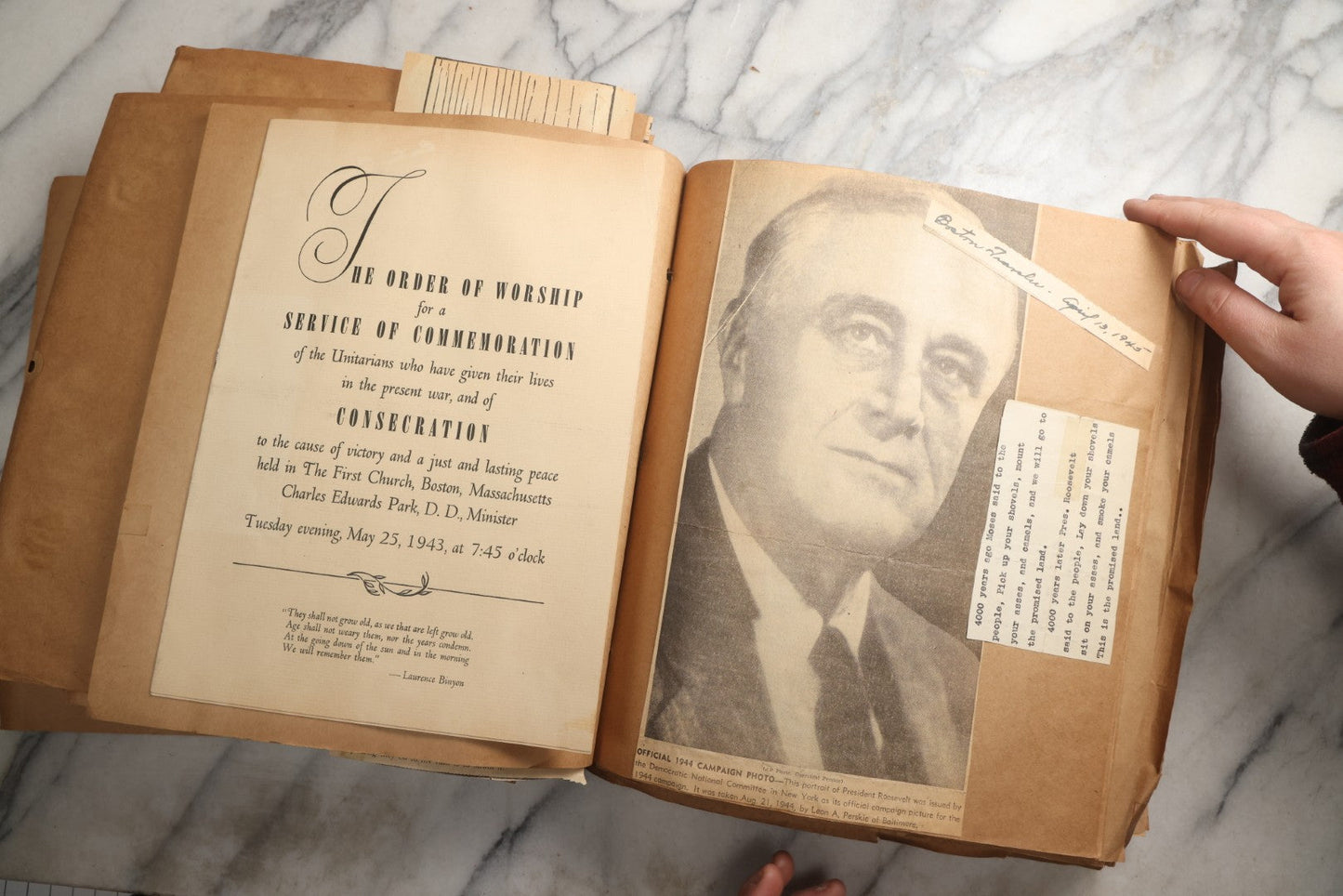 Lot 090 - Antique Brown Craft Paper Scrapbook Album With Boston, Providence, England, St. Petersburg, Bar Harbor, Mt. Vernon, Architecture, Obituaries, Politicians, And War Ephemera, Circa 1944