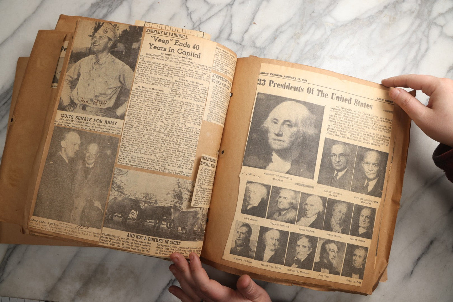 Lot 090 - Antique Brown Craft Paper Scrapbook Album With Boston, Providence, England, St. Petersburg, Bar Harbor, Mt. Vernon, Architecture, Obituaries, Politicians, And War Ephemera, Circa 1944
