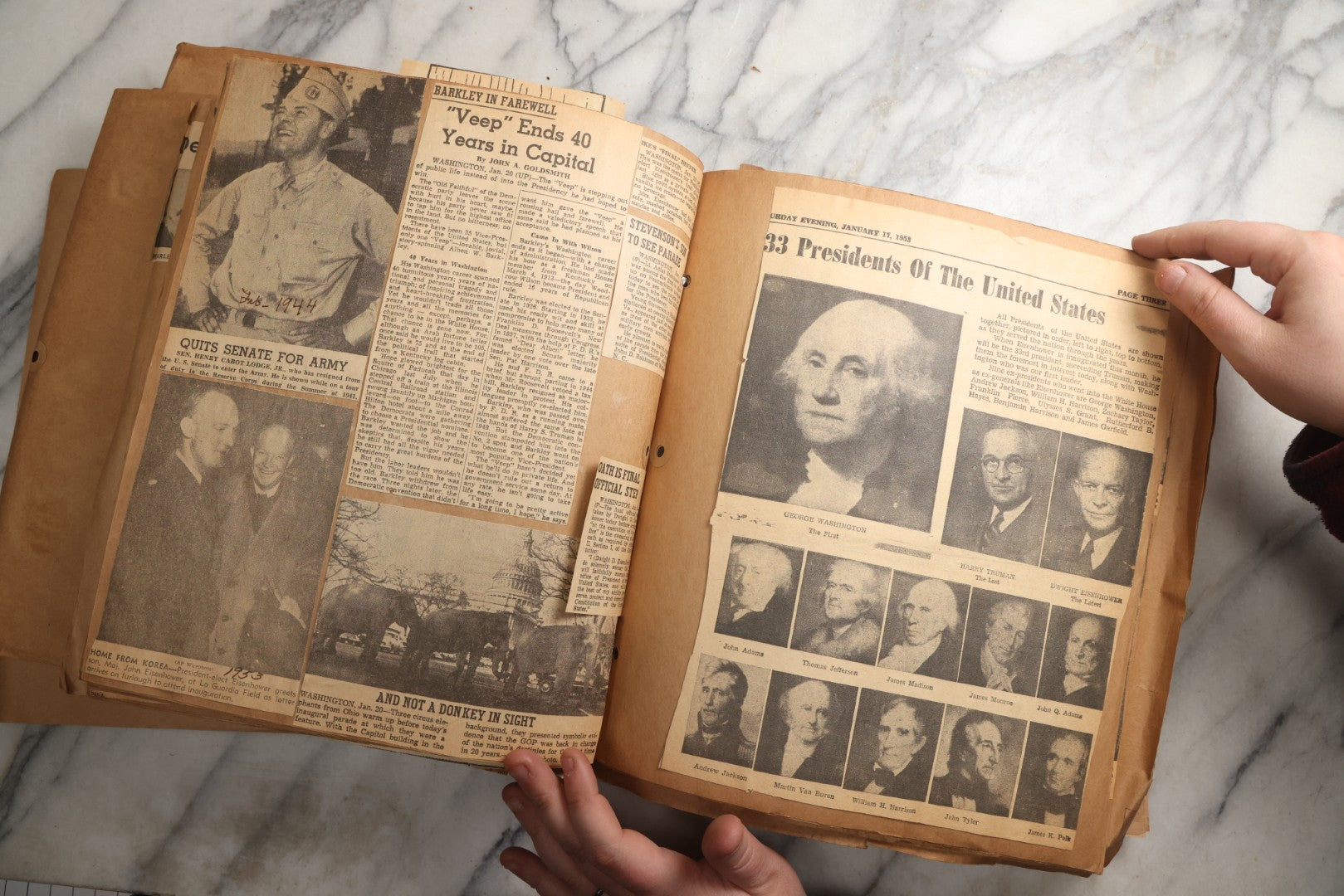Lot 090 - Antique Brown Craft Paper Scrapbook Album With Boston, Providence, England, St. Petersburg, Bar Harbor, Mt. Vernon, Architecture, Obituaries, Politicians, And War Ephemera, Circa 1944
