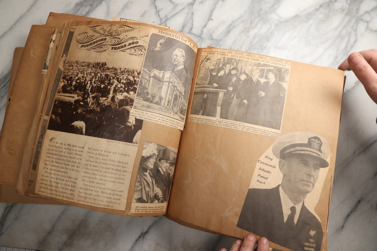 Lot 090 - Antique Brown Craft Paper Scrapbook Album With Boston, Providence, England, St. Petersburg, Bar Harbor, Mt. Vernon, Architecture, Obituaries, Politicians, And War Ephemera, Circa 1944