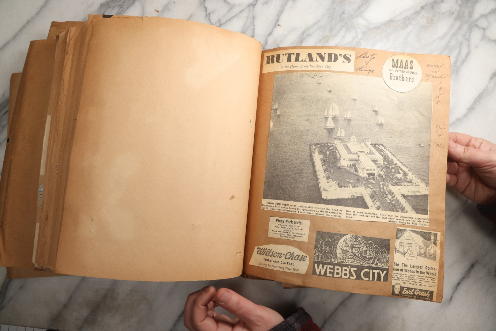Lot 090 - Antique Brown Craft Paper Scrapbook Album With Boston, Providence, England, St. Petersburg, Bar Harbor, Mt. Vernon, Architecture, Obituaries, Politicians, And War Ephemera, Circa 1944