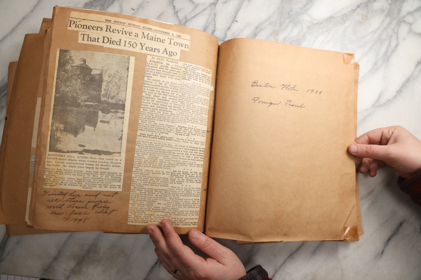 Lot 090 - Antique Brown Craft Paper Scrapbook Album With Boston, Providence, England, St. Petersburg, Bar Harbor, Mt. Vernon, Architecture, Obituaries, Politicians, And War Ephemera, Circa 1944