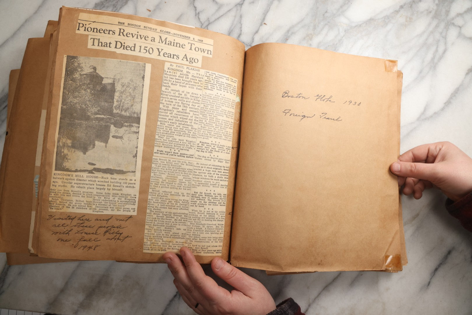 Lot 090 - Antique Brown Craft Paper Scrapbook Album With Boston, Providence, England, St. Petersburg, Bar Harbor, Mt. Vernon, Architecture, Obituaries, Politicians, And War Ephemera, Circa 1944