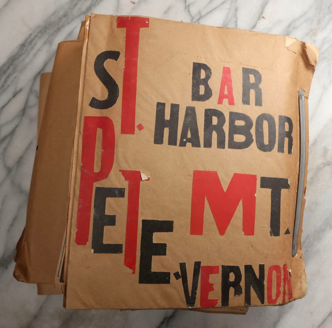 Lot 090 - Antique Brown Craft Paper Scrapbook Album With Boston, Providence, England, St. Petersburg, Bar Harbor, Mt. Vernon, Architecture, Obituaries, Politicians, And War Ephemera, Circa 1944