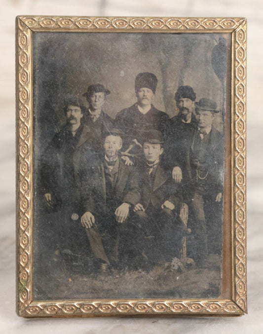 Lot 122 - Antique Tintype Group Portrait Photograph Of Eight Men In Period Hats And Suits In Vintage Brass Frame With Easel Back