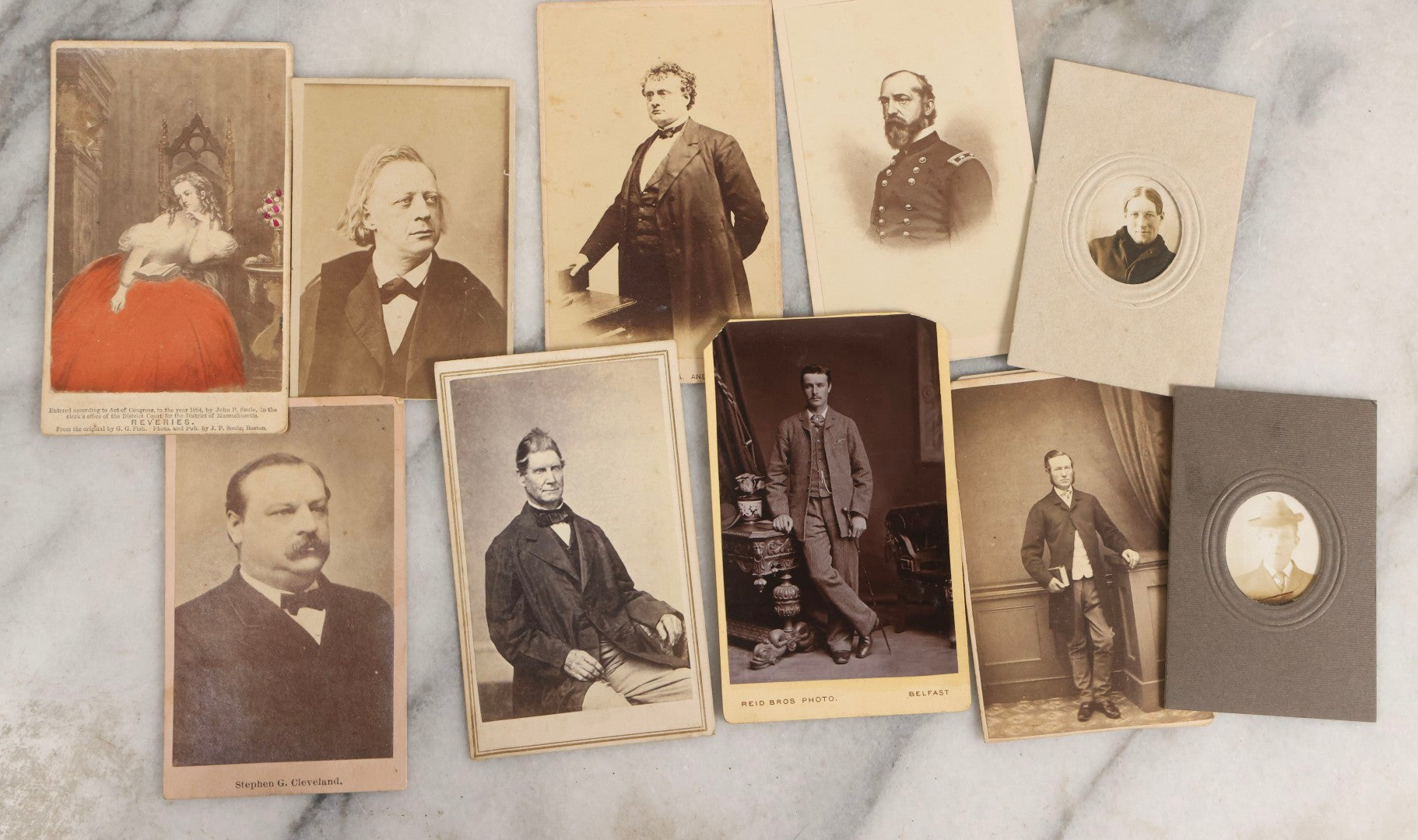 Lot 125 - Grouping Of 11 Antique C.D.V.. And Other Photographs Including Stephen G. Cleveland (President Grover Cleveland), Album Filler Of George Meade, Former Massachusetts Governor John A. Andrew, Rev. Henry Ward Beecher, And Additional Portraits