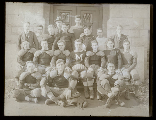 Lot 147 - Vintage Glass Plate Photographic Negative Of Mhs Football Team Portrait With Players In Numbered Uniforms Posed In Rows
