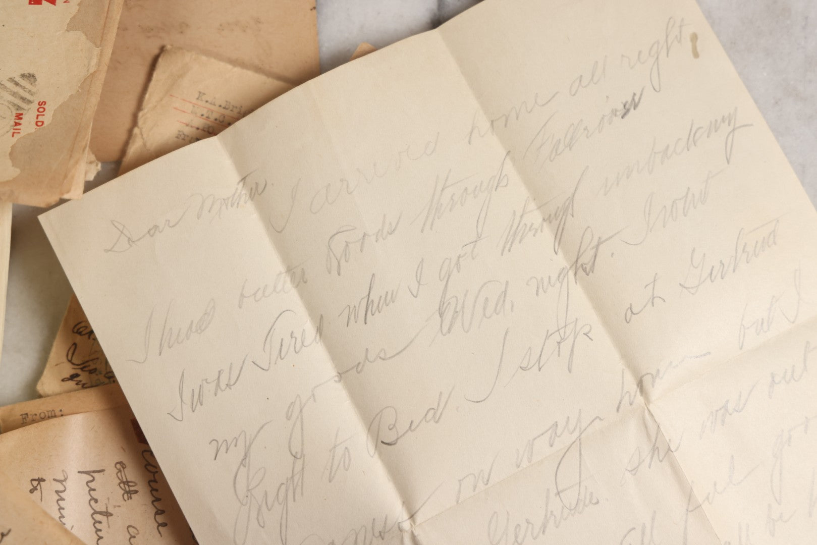 Lot 153 - Antique Cache Of 1919 Post–World War One Letters From Private Karl A. Bright In France To His Mother In Franklin, Massachusetts, With Ephemera In Green And Pink Stationery Box