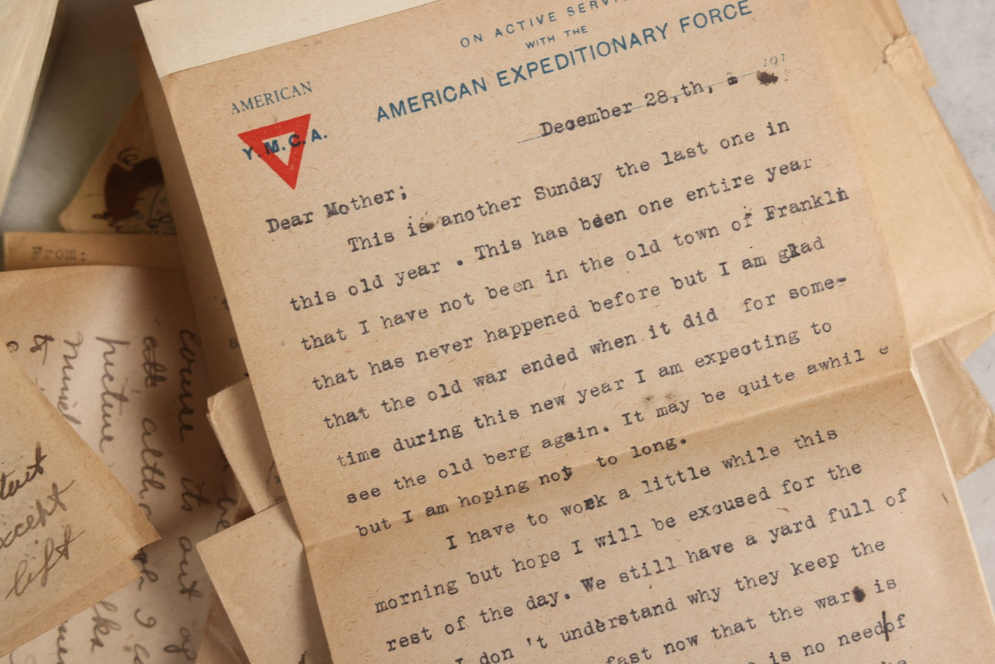 Lot 153 - Antique Cache Of 1919 Post–World War One Letters From Private Karl A. Bright In France To His Mother In Franklin, Massachusetts, With Ephemera In Green And Pink Stationery Box