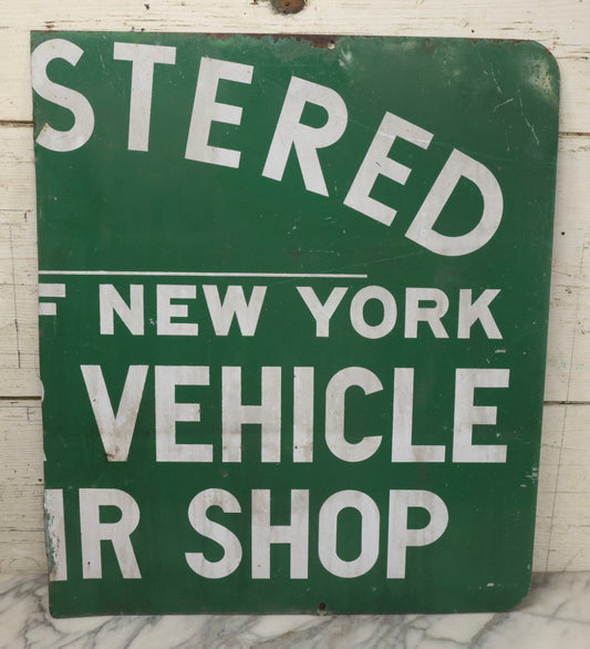 Lot 037 - Vintage Half Of Registered State Of New York Motor Vehicle Repair Shop Sign, 20-1/2" x 24"