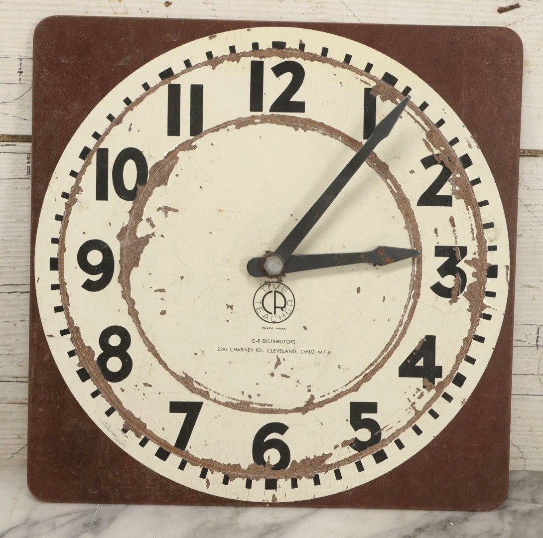 Lot 049 - Vintage “Time Teacher” Clock Face With Hands On Pressed Board By C-R Distributors, Cleveland, Ohio, 11-7/8" x 11-7/8"