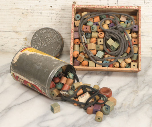 Lot 073 - Grouping Of Vintage Children's Wooden Lacing Blocks And Beads With Cords, Housed In Cigar Box And Royal Baking Powder Tin