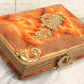 Lot 081 - Antique Cabinet Card And Carte De Visite C.D.V. Photograph Album With 38 Photographs, Brass Pressed Metal Ornaments, Display Stand, Orange And Brown Patterned Crushed Velvet Covers