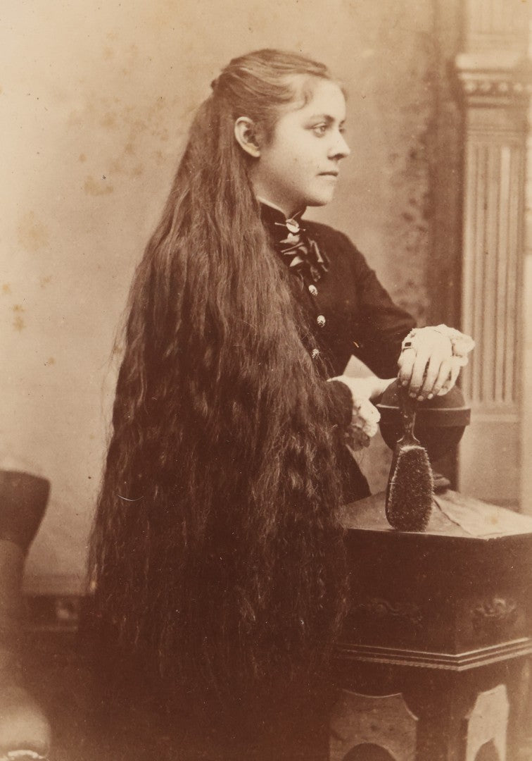 Lot 084 - Antique Cabinet Card Photograph Of Young Woman With Long Dark Hair Holding Hairbrush, F W Bailey Photos