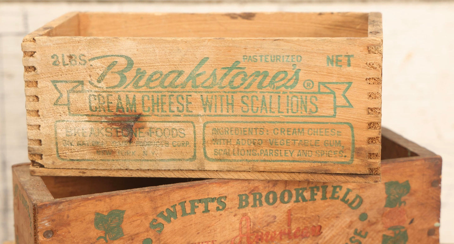 Lot 120 - Grouping Of Three Vintage Wooden Cheese Boxes Including Hygrade Brand, Swift's Brookfield White American, And Breakstone's Cream Cheese With Scallions