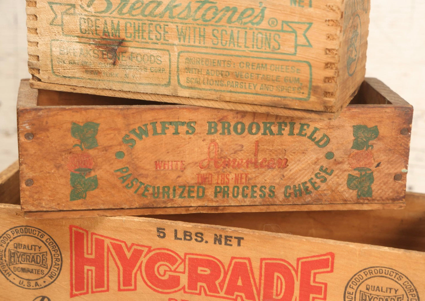 Lot 120 - Grouping Of Three Vintage Wooden Cheese Boxes Including Hygrade Brand, Swift's Brookfield White American, And Breakstone's Cream Cheese With Scallions