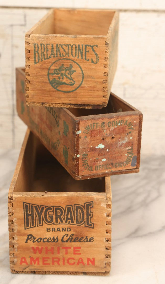 Lot 120 - Grouping Of Three Vintage Wooden Cheese Boxes Including Hygrade Brand, Swift's Brookfield White American, And Breakstone's Cream Cheese With Scallions