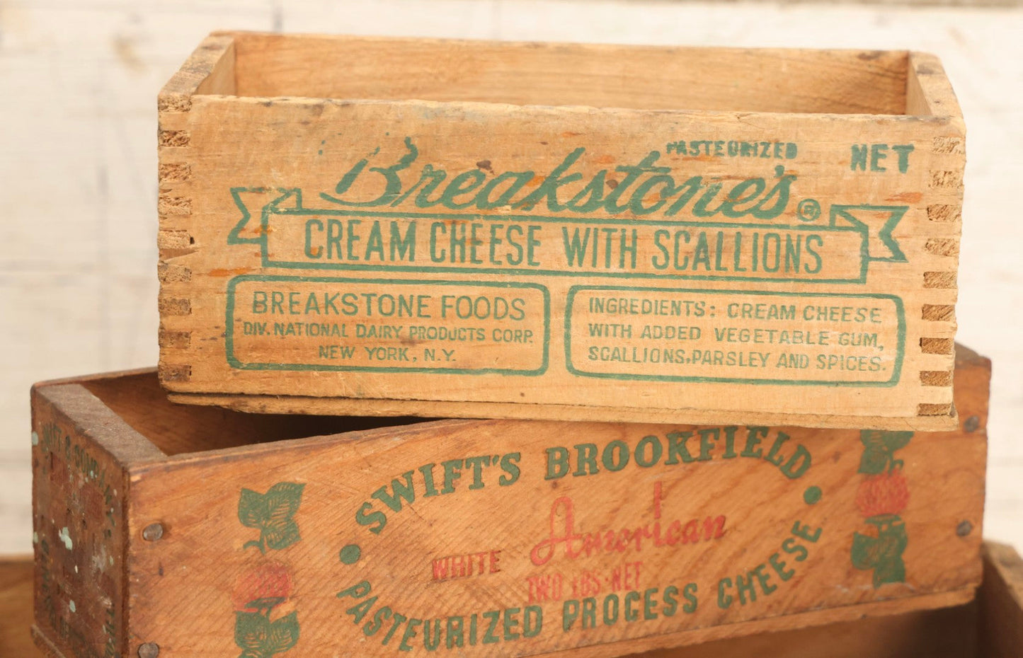 Lot 120 - Grouping Of Three Vintage Wooden Cheese Boxes Including Hygrade Brand, Swift's Brookfield White American, And Breakstone's Cream Cheese With Scallions