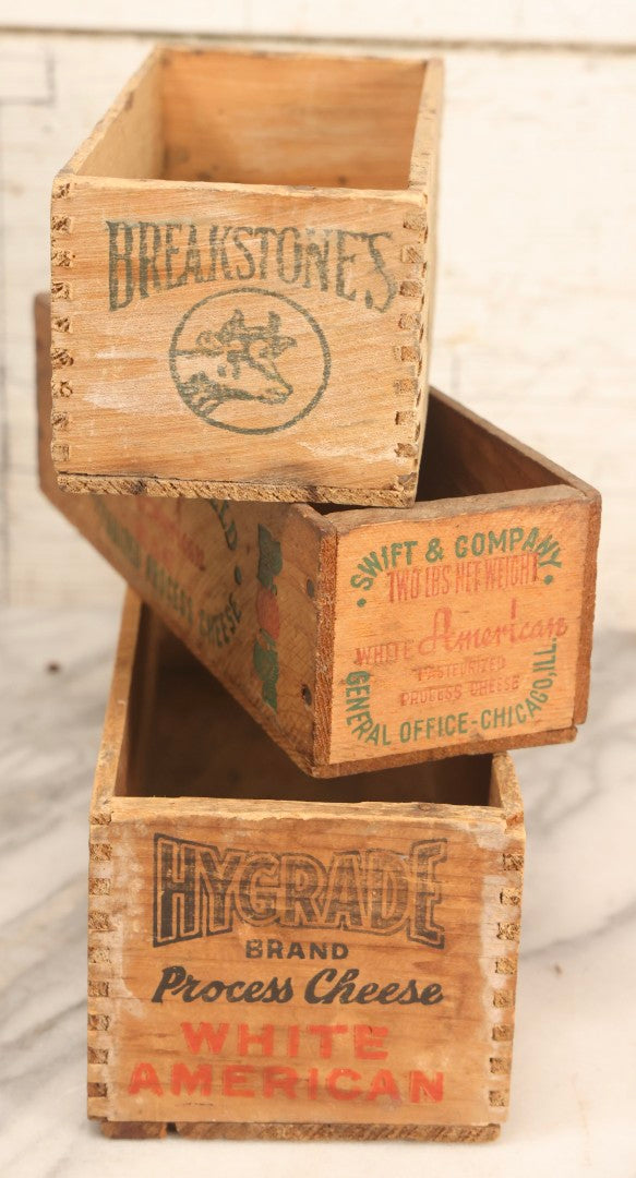 Lot 120 - Grouping Of Three Vintage Wooden Cheese Boxes Including Hygrade Brand, Swift's Brookfield White American, And Breakstone's Cream Cheese With Scallions