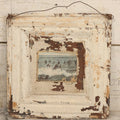 Lot 130 - Antique Pressed Tin Ceiling Tile Wall Hanging With White Paint, Pasted Postcard Of Surf Bathing At Old Orchard, Maine, Wire Hanger