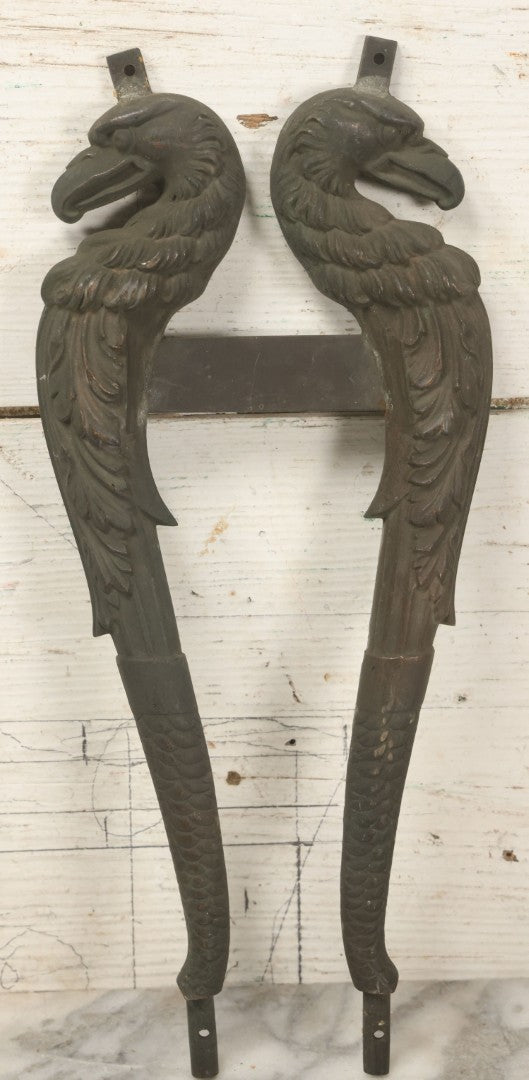 Lot 029 - Pair Of Antique Cast Metal Architectural Ornaments Depicting Eagles With Detailed Feather Work And Mounting Brackets