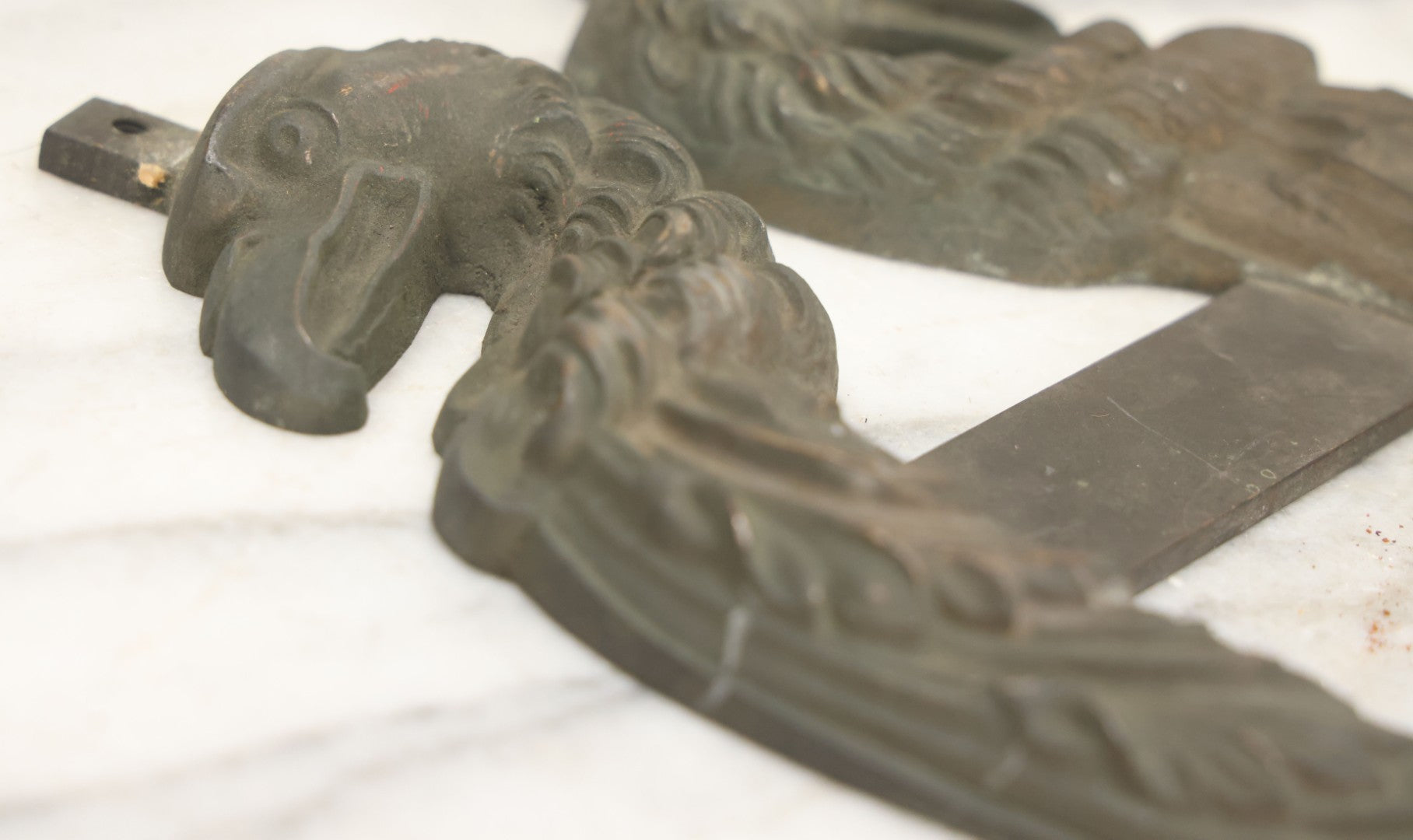 Lot 029 - Pair Of Antique Cast Metal Architectural Ornaments Depicting Eagles With Detailed Feather Work And Mounting Brackets