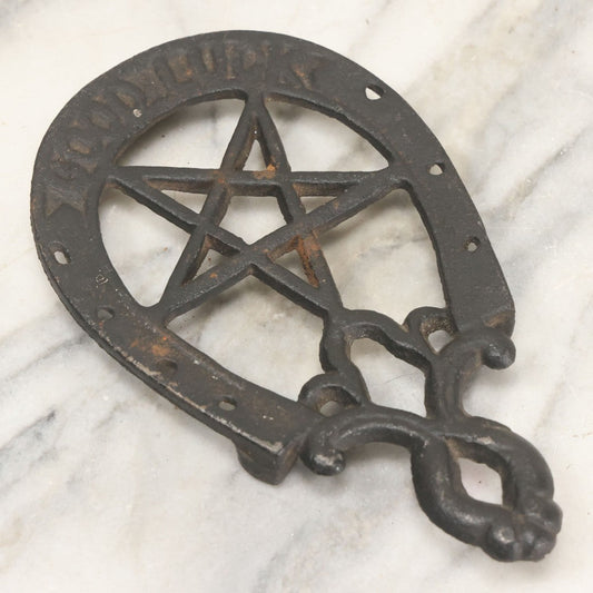 Lot 030 - Vintage Cast Iron Trivet With Pentagram Design And "Good Luck" Inscription
